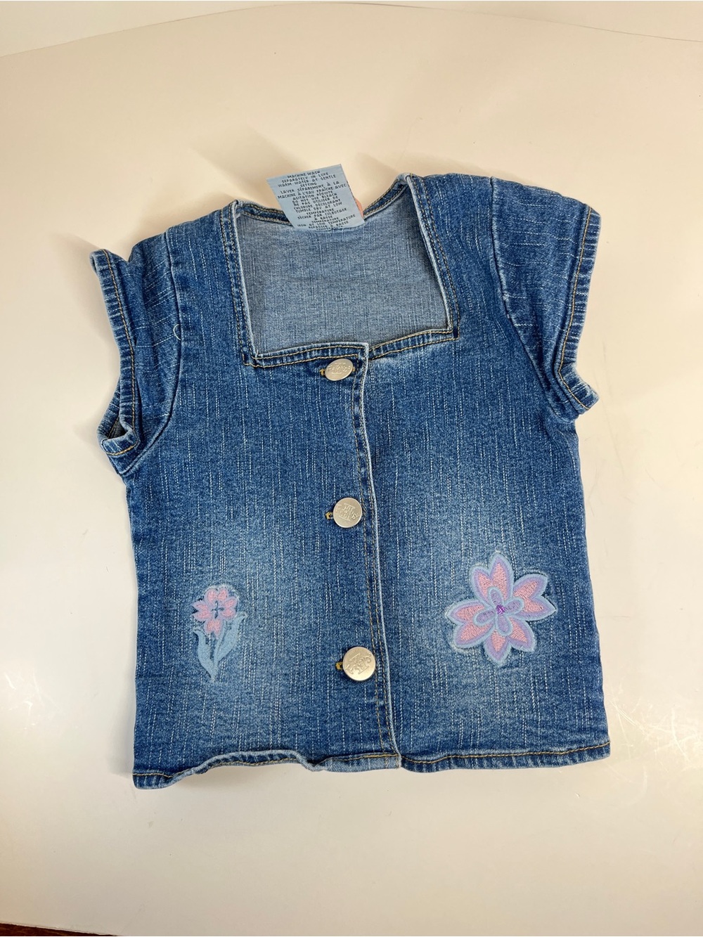 Girls Size 6 Kids Friends II Denim Top Shirt Short-Sleeve Embroidery Floral Y2k